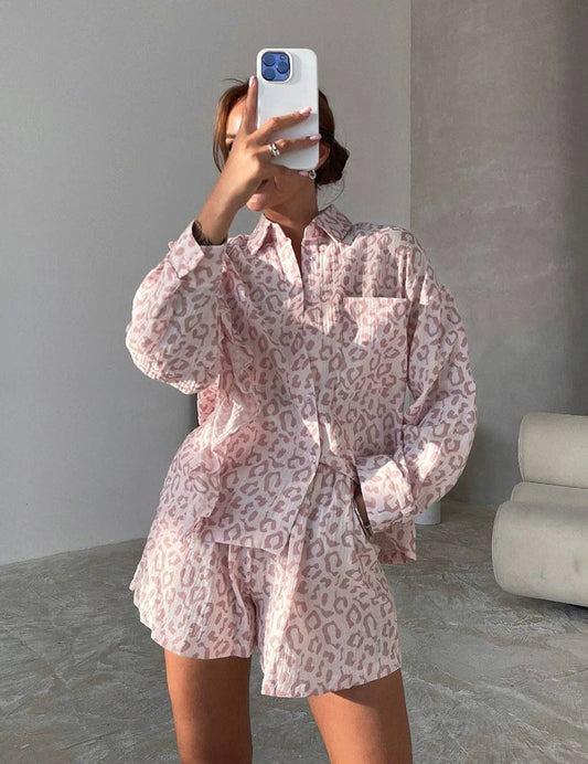 2024 Wildberries New Style Comfortable and Soft Pink Printed Fashion Long Sleeve and Shorts Set