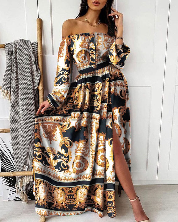 2024 Summer Evening Gown Printed One-Shoulder Pullover Dress