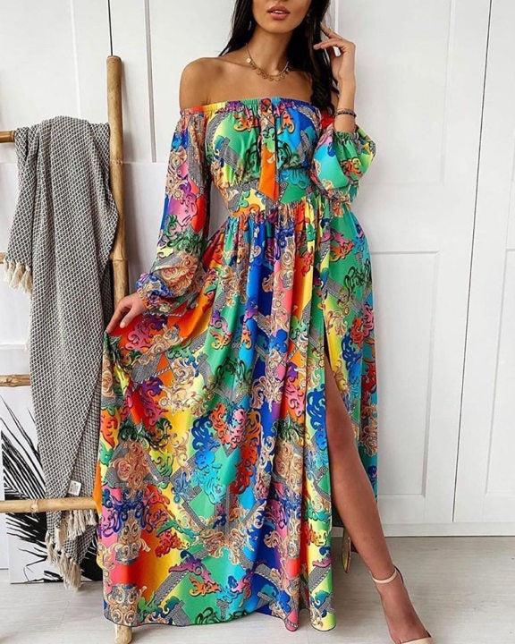 2024 Summer Evening Gown Printed One-Shoulder Pullover Dress