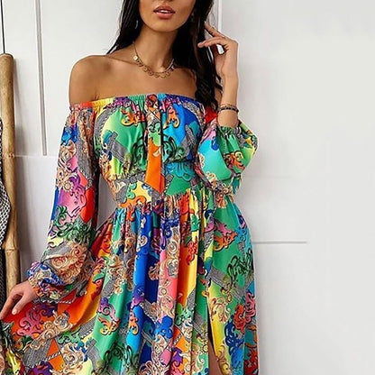 2024 Summer Evening Gown Printed One-Shoulder Pullover Dress