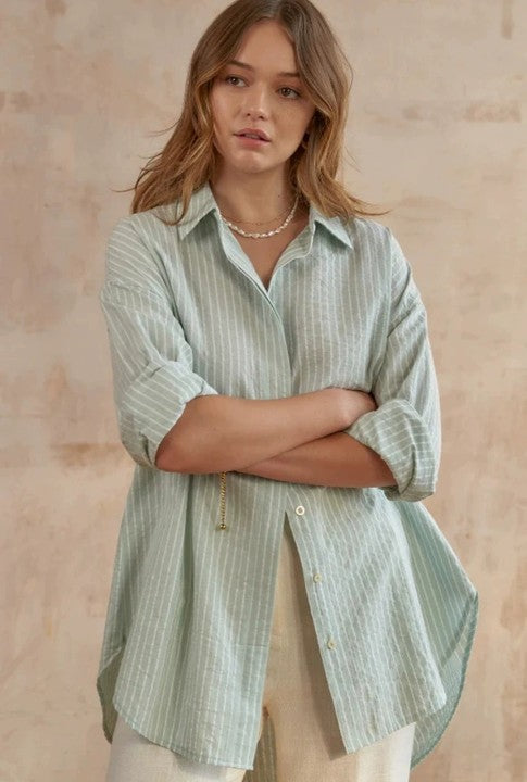 2024 New Style Casual Loose Sugar Macaron Color Mid-length Striped Shirt