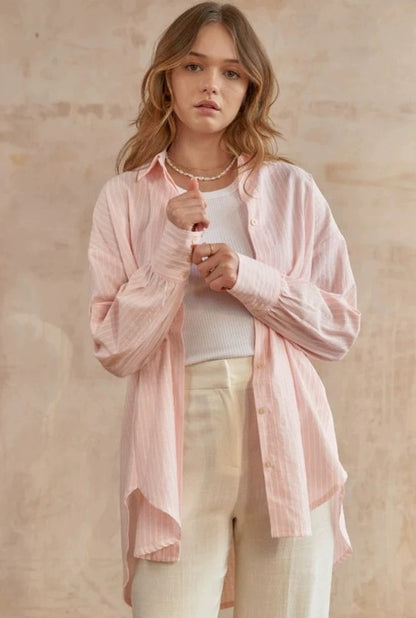 2024 New Style Casual Loose Sugar Macaron Color Mid-length Striped Shirt