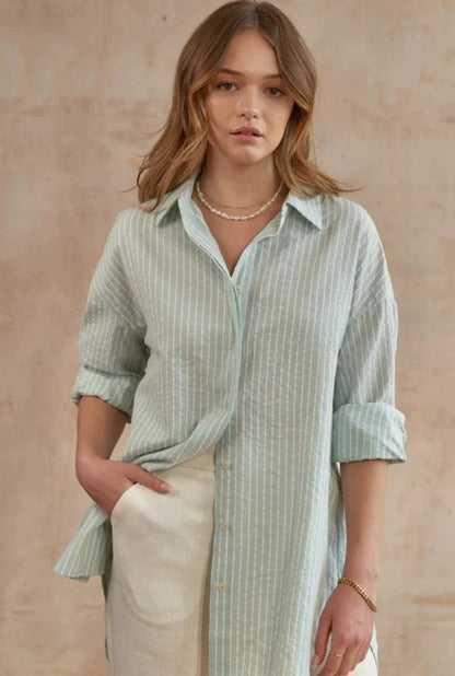 2024 New Style Casual Loose Sugar Macaron Color Mid-length Striped Shirt