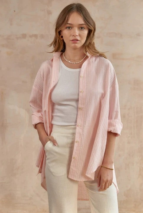 2024 New Style Casual Loose Sugar Macaron Color Mid-length Striped Shirt