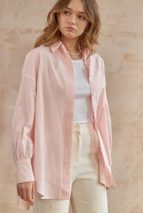 2024 New Style Casual Loose Sugar Macaron Color Mid-length Striped Shirt