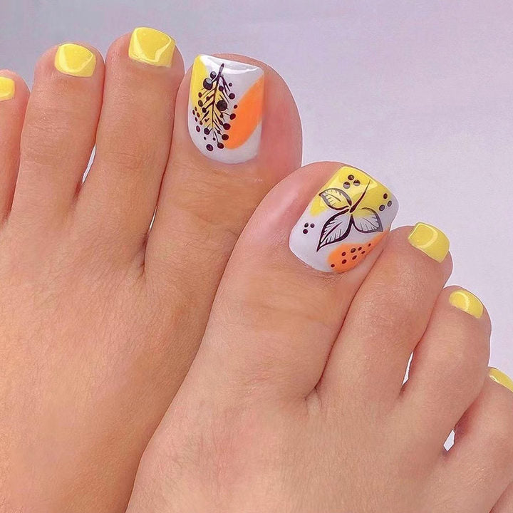 Summer Bright Yellow Hand-painted Leaf Tree Toenail Wearing Nail Art