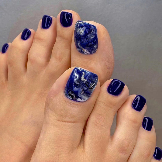 Nail Art False Nails - Blue Blending with Glitter for Toenails