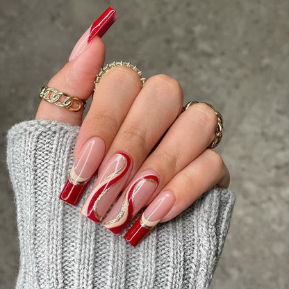 Cherry Red French Wearing Nail Art with Wave Design