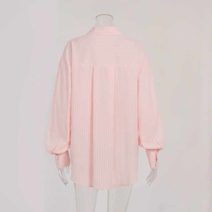 2024 New Style Casual Loose Sugar Macaron Color Mid-length Striped Shirt