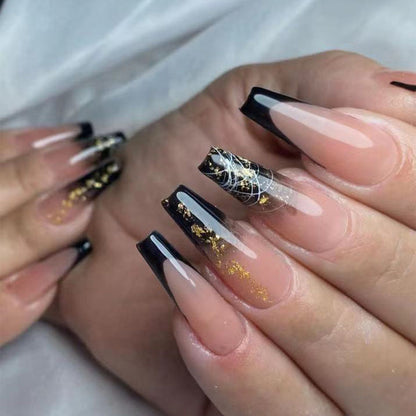 French Nude Color with Black Border Wearing Nail Art with Golden Sequins