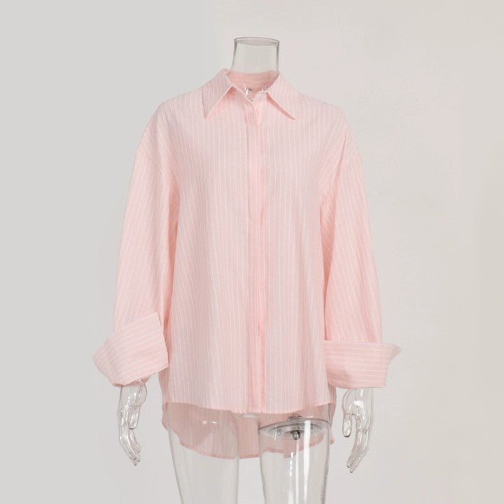 2024 New Style Casual Loose Sugar Macaron Color Mid-length Striped Shirt