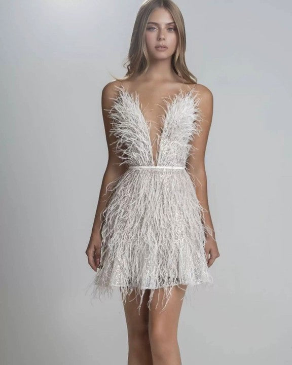 2024 Sexy Waist-cinching Deep V Feather Suspender  Backless Party Dress