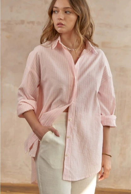 2024 New Style Casual Loose Sugar Macaron Color Mid-length Striped Shirt