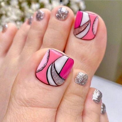 Geometric Rose Pink and White Contrast Color with Glitter Wearing Toenail Tips