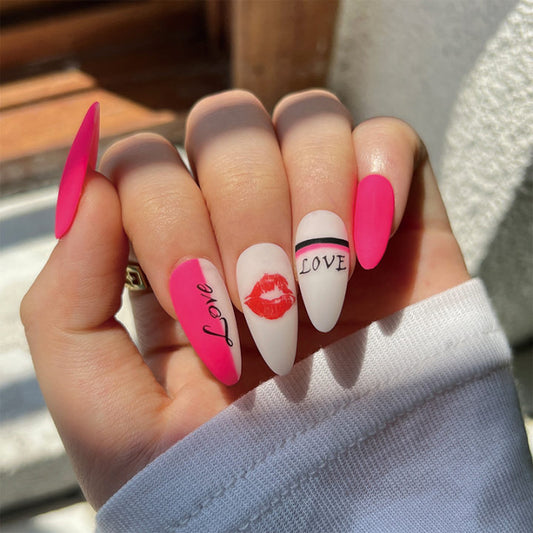 Frosted Fluorescent Pink Letter Kiss Mark Wearing Nail Art