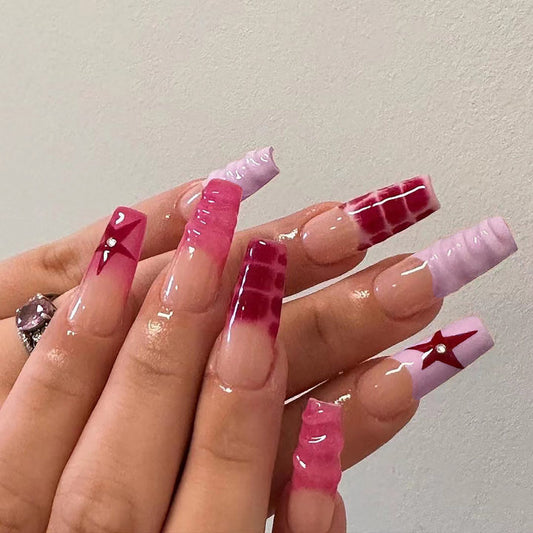 3D French style Red Long-length Wearable Nails