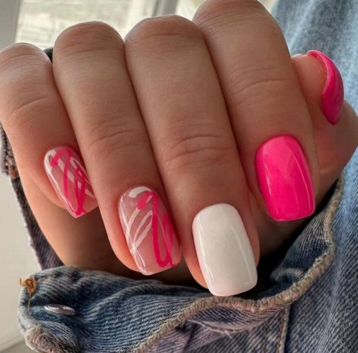 Pink And White Wavy Line Graffiti Wearable Nail