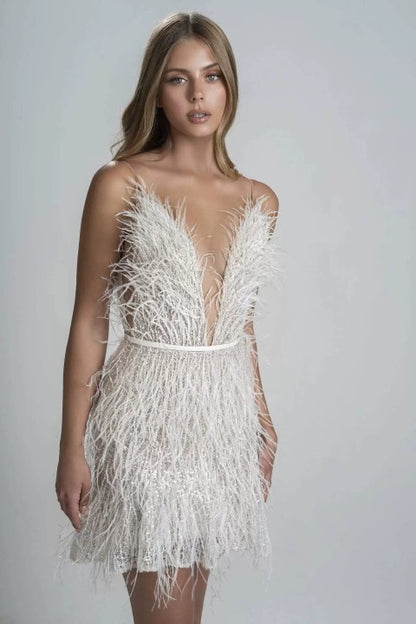 2024 Sexy Waist-cinching Deep V Feather Suspender  Backless Party Dress