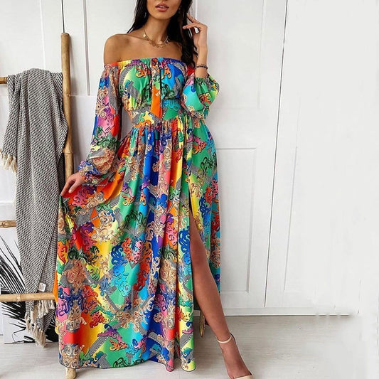 2024 Summer Evening Gown Printed One-Shoulder Pullover Dress