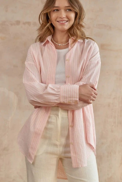 2024 New Style Casual Loose Sugar Macaron Color Mid-length Striped Shirt