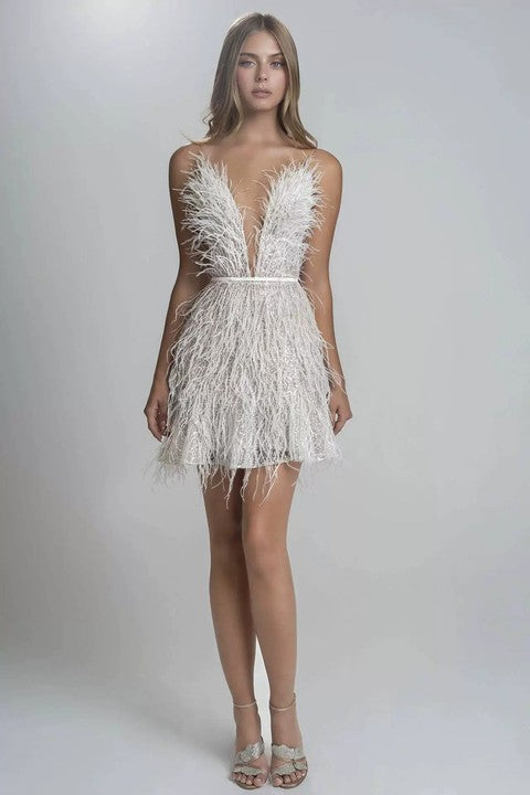 2024 Sexy Waist-cinching Deep V Feather Suspender  Backless Party Dress